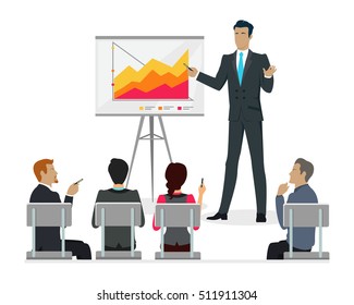 Infographic master class. Training staff briefing presentation. Staff meeting, staffing and corporate or employee training, mentor and people, business seminar, meeting group. Vector illustration