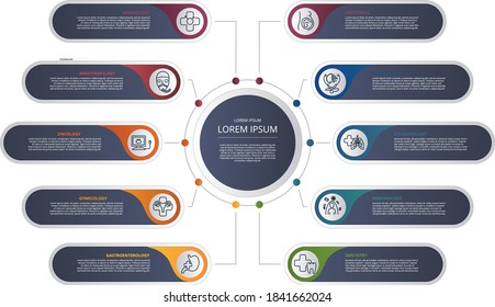 Infographic Medical template. Icons in different colors. Include Venerology, Anesthesiology, Oncology, Gynecology and others.