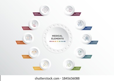 Infographic Medical template. Icons in different colors. Include Venerology, Anesthesiology, Oncology, Gynecology and others.