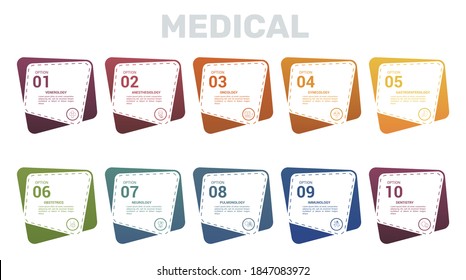 Infographic Medical template. Icons in different colors. Include Venerology, Anesthesiology, Oncology, Gynecology and others.