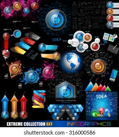 Infographic Mega Collection: Glossy Button icons. A lot of design elements are included: computers, mobile devices, desk supplies, stats, graphs, documents and so on