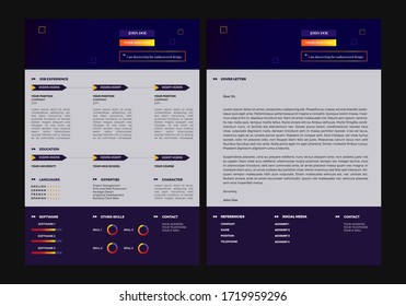 Infographic, Minimalism, Colorful Resume and Cover Letter Set. Template with charts for creative job applicants: art directors, graphic designers, seo, UX, UI designers, managers.