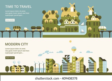 Infographic - Modern City, Industry, Ecosystem And Travel. Flat Design. Vllage In Mountains, Mountain Tunnel. Transport Links