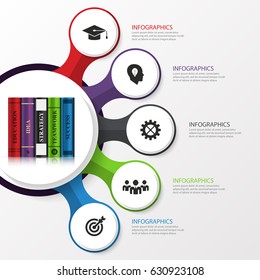 Infographic. Modern design template with books. Colorful circle with icons. Vector illustration