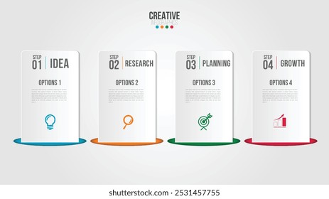 Infográfico modelo vetor design moderno para negócios com 4 etapas ou opções ilustram uma estratégia. Pode ser usado para layout de fluxo de trabalho, diagrama, relatório anual, web design.