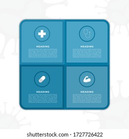Infografía moderna de diseño cuadrado paso a paso concepto de coronavirus estilo médico. ilustración vectorial.