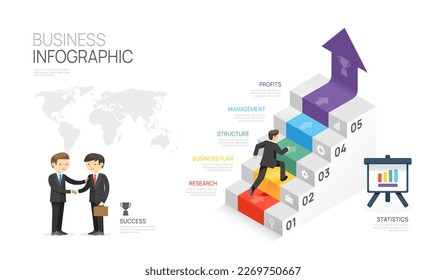 Infographic Modern Stair template for business. 5 steps Timeline, element diagram arrow and topics, presentation vector infographic.