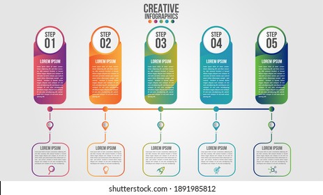 Plantilla de vector de diseño de línea de tiempo moderna e infográfica para empresas con 5 pasos o opciones ilustran una estrategia. Se puede utilizar para diseño de flujo de trabajo, diagrama, informe anual, diseño web, trabajo en equipo.