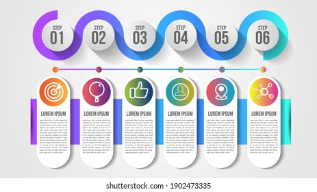 Plantilla de vector de diseño de línea de tiempo moderna e infográfica para empresas con 6 pasos o opciones ilustran una estrategia. Se puede utilizar para diseño de flujo de trabajo, diagrama, informe anual, diseño web, trabajo en equipo.