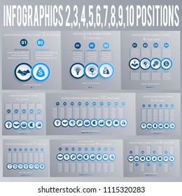 Infographic monochrome bubbles chart. Templates for 2, 3, 4, 5, 6, 7, 8, 9, 10 positions. Can be used for Business presentation, Web design, infograph, Data Visualization. Set of business icons