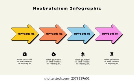 Infographic neobrutalism arrow designs, depicting four distinctive options with minimalist icons and vector art. Useful for modern business presentation templates and decision-making visuals