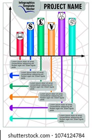 Infographic network process visualization template, abstract vector with multicolored bar chart, icons and copy space, six multicolored elements available
