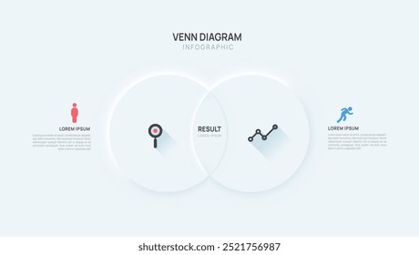 Infographic neumorphism Venn diagram chart template for business start up presentation vector illustration.