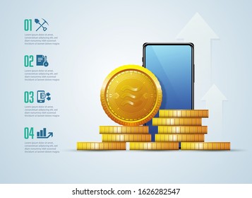 infographic of new cryptocurrency technology, Libra, pile of golden coins with mobile screen 