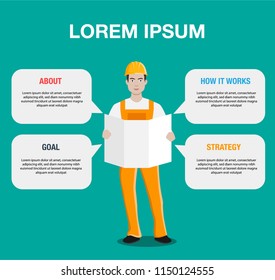 Infographic of Nice engineer with speech bubbles. Business solutions
