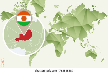 Infographic for Niger, detailed map of Niger with flag. Vector Info graphic green map.