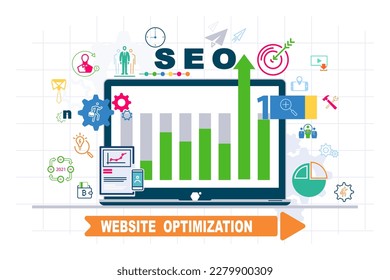 Infographic. Notebook monitor. Top SEO trends to rank your website in 2023. Search Optimizing Website. Business icon template, flat design presentation, sign element.Can be used in business technology