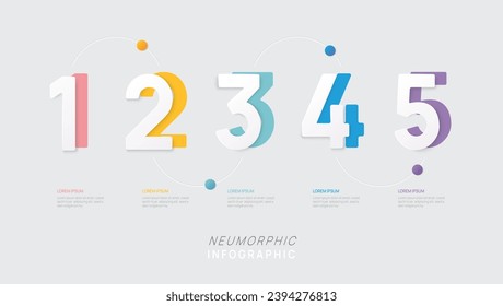 Plantilla de diagrama de números de infografía para empresas. Diseño neumórfico de 5 pasos. infografía vectorial.