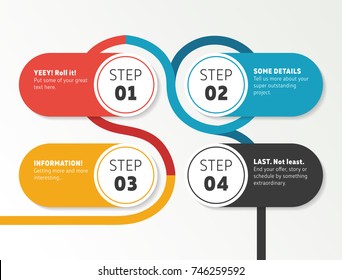 Infographic number timeline template. Wide panel design with four steps and colorful line around. Flashy colors.