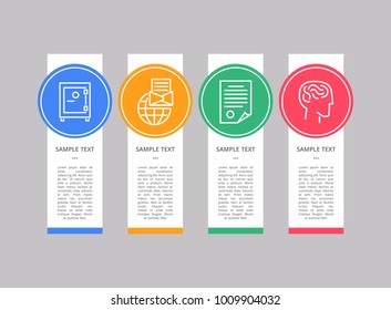 Infographic object, and text sample, icons of circular shape of human and globe with letter, strongbox and paper isolated on vector illustration