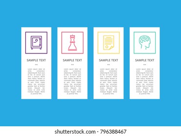 Infographic objects and icons collection, headlines and given text sample with square frames, strongbox and page, vector illustration isolated on blue