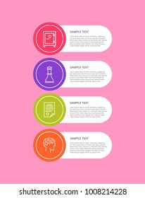 Infographic objects, poster with collection of icons and text sample with lettering, strongbox and chess figure, human and brain, vector illustration