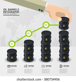 infographic oil barrels and a financial chart on white background. price oil up. business concept.
