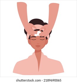 Infographic on cleansing step at a skin care routine and beauty treatment at beauty salon and at home. Top view of a girl with foam on her forehead. Vector illustration isolated on white background