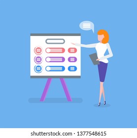 Infographic on whiteboard, woman giving presentation vector. Business plan on board with explanation from manager, presenter with clipboard explaining