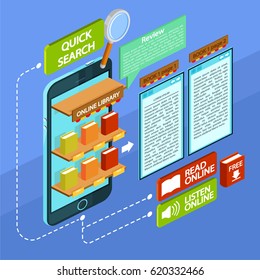 Infographic for online library. Isometric vector illustration a stack of books and textbooks. Books with colored covers for education. Application for reading books.