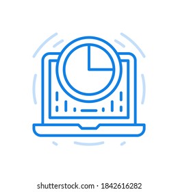Infographic online statistics vector line icon. Business data and growth progress fluctuations. Laptop with creative diagram in circle. Information reporting and successful web management.