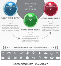 Infographic option banner, colorful round labels and various icons/editable vector design with the possibility to insert different icons