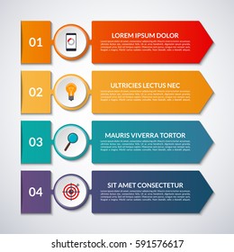 Banner de opciones de infografía con flechas y elementos de diseño de círculo. Plantilla vectorial con 4 pasos, piezas.
