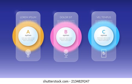 Infographic options banner with glass effect. Template with 3 options, steps, parts with place for text and icons. Vector background.