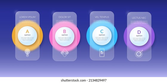 Infographic options banner with glass effect. Template with 4 options, steps, parts with place for text and icons. Vector background.