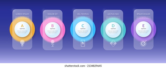 Infographic options banner with glass effect. Template with 5 options, steps, parts with place for text and icons. Vector background.