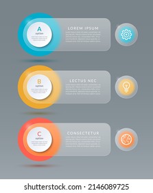Infographic options banner. Template with 3 options, steps, parts with place for text and icons. Glassmorphism effect. Vector background.