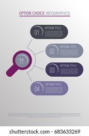 Infographic options choice template with a magnifying glass on a grey background