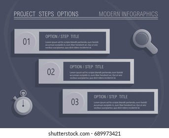 Infographic options steps template with a magnifying glass and a stopwatch on a blue background