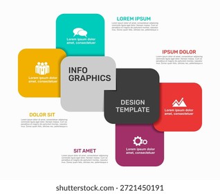 Infografía con cuadrados e iconos redondeados superpuestos, ideal para negocios, presentación o visualización de datos. Ilustración vectorial.