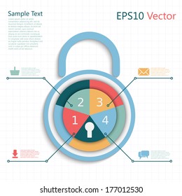 infographic padlock with business steps as a code, protect your mail, purchase, download and talks