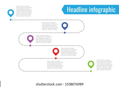 infographic path dotted line. 5 dots of different colors, blue, red, green.. Vector illustration.