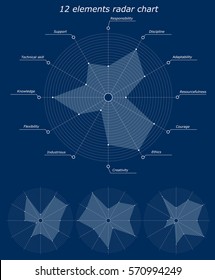 Infographic pattern. 12 elements radar chart. Character personality business traits inscriptions for example. Different empty chart with no labels. Vector illustration.