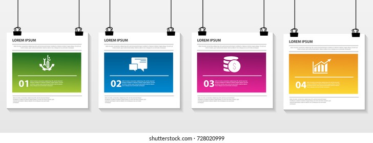 Infographic pattern on a suspended sheet of paper. 3d style with three steps. Used for business presentations, education, web design. Place for text and icons. Vector illustration. 