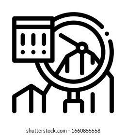 Infographic Peak Research Icon Thin Line Vector. Sme Infographic, Magnifier Glass And Exclamation Marks In Frame Concept Linear Pictogram. Monochrome Outline Sign Isolated Contour Symbol Illustration