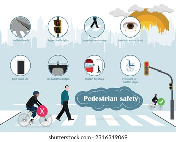 Infographic pedestrian safety with 8 safety tips.August 17 World Pedestrian Day