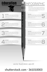 Infographic with pencil and graduation cap. Education. Vector black and white design template.