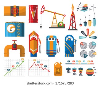 Infographic petroleum elements. Process of oil production and petroleum refining. Oil rig. Fuel. Gasoline pump retro design. Oil or fuel pipe fittings. Canister of gasoline