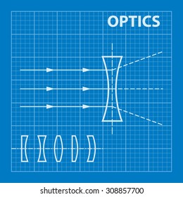 Infographic. Physics. Geometrical optics on blueprint background. Vector illustration