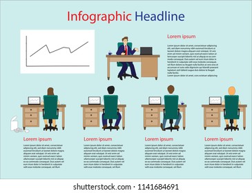 Infographic picture of the people siting on their desk in the office. This can inform the name and position of the staff, sale presentation, company meeting, university classroom etc. ( vector )